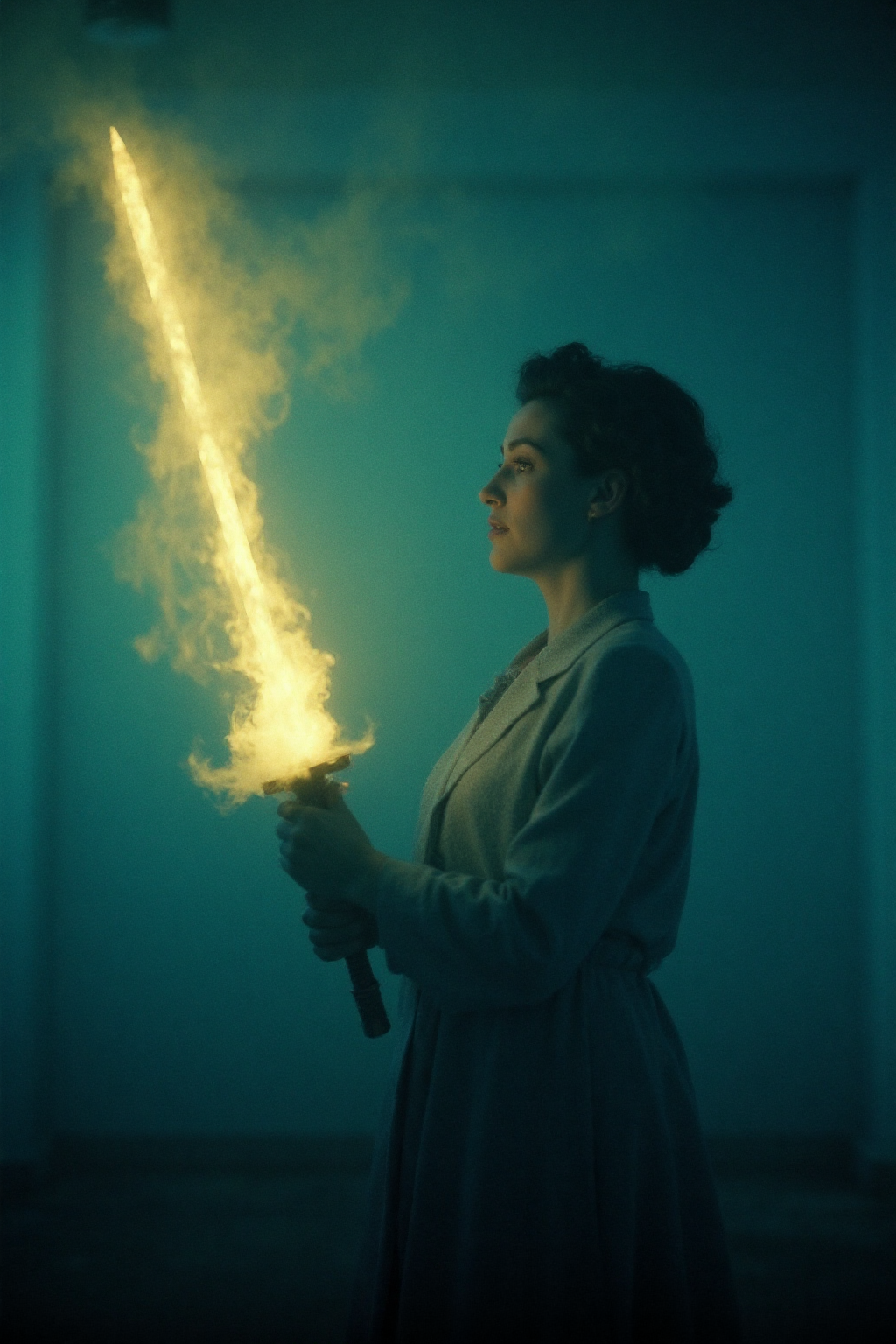 woman in blue holding a magical sword glowing yellow with a frosty fog around the blade in a swirling tornado to edge of the blade trippy mellow, analog, candid, art by Ben Templesmith, blue yellow ultra masterpiece cinematic_1940s cinematic_octane