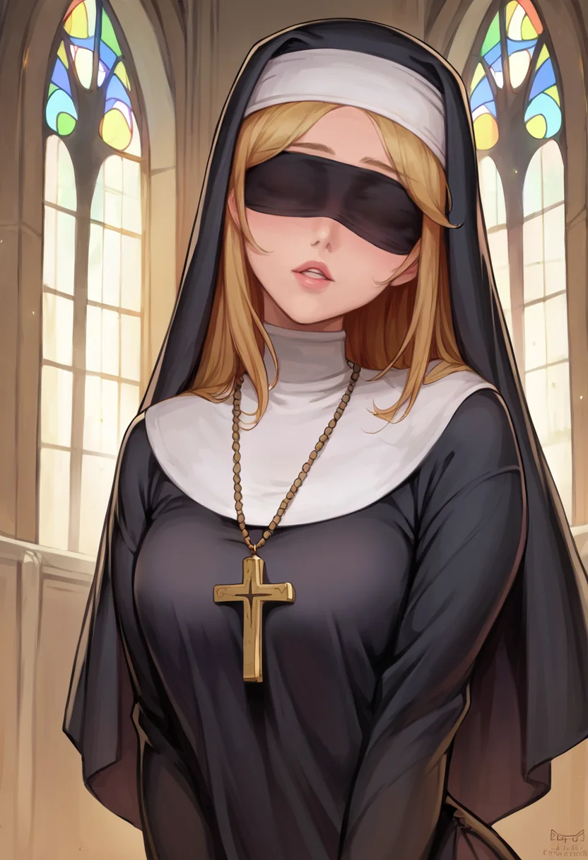 score_9, score_8_up, score_7_up, source_anime BREAK 1girl, solo, <lora:kittew-artist-richy-v1_pdxl:1> looking at viewer, parted lips, nun, veil, habit, blindfold, black dress