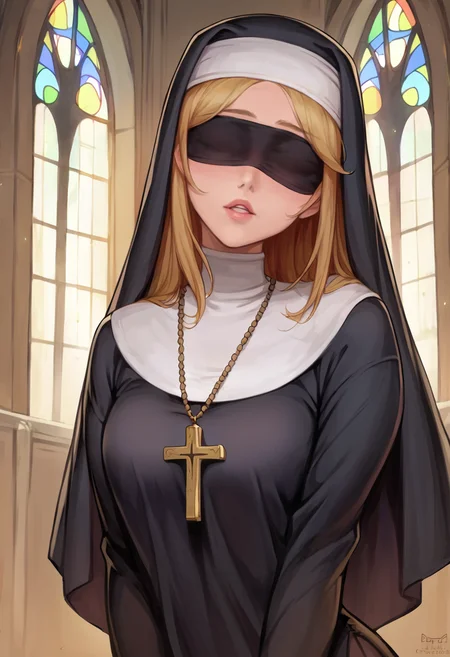 score_9, score_8_up, score_7_up, source_anime BREAK 1girl, solo, <lora:kittew-artist-richy-v1_pdxl:1> looking at viewer, parted lips, nun, veil, habit, blindfold, black dress