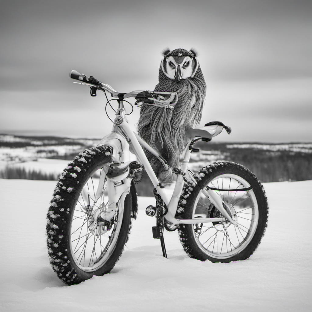 excited owl biking frozen tundra monochrome, sad panda exploring floating island quirky