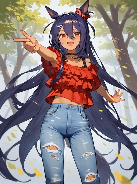 score_9, score_8_up, score_7_up,masterpiece, best quality,anime style,rating_safe,
hishi amazon \(umamusume\), 1girl, horse ears, torn denim pants, pointing, hairclip, smile, cowboy shot, looking at viewer, open mouth, horse tail, black choker, outstretched arm, gold bracelet, red  ear scrunchie, casual, red frilled red shirt
 <lora:pony_hishi_amazon_v1.02:1>