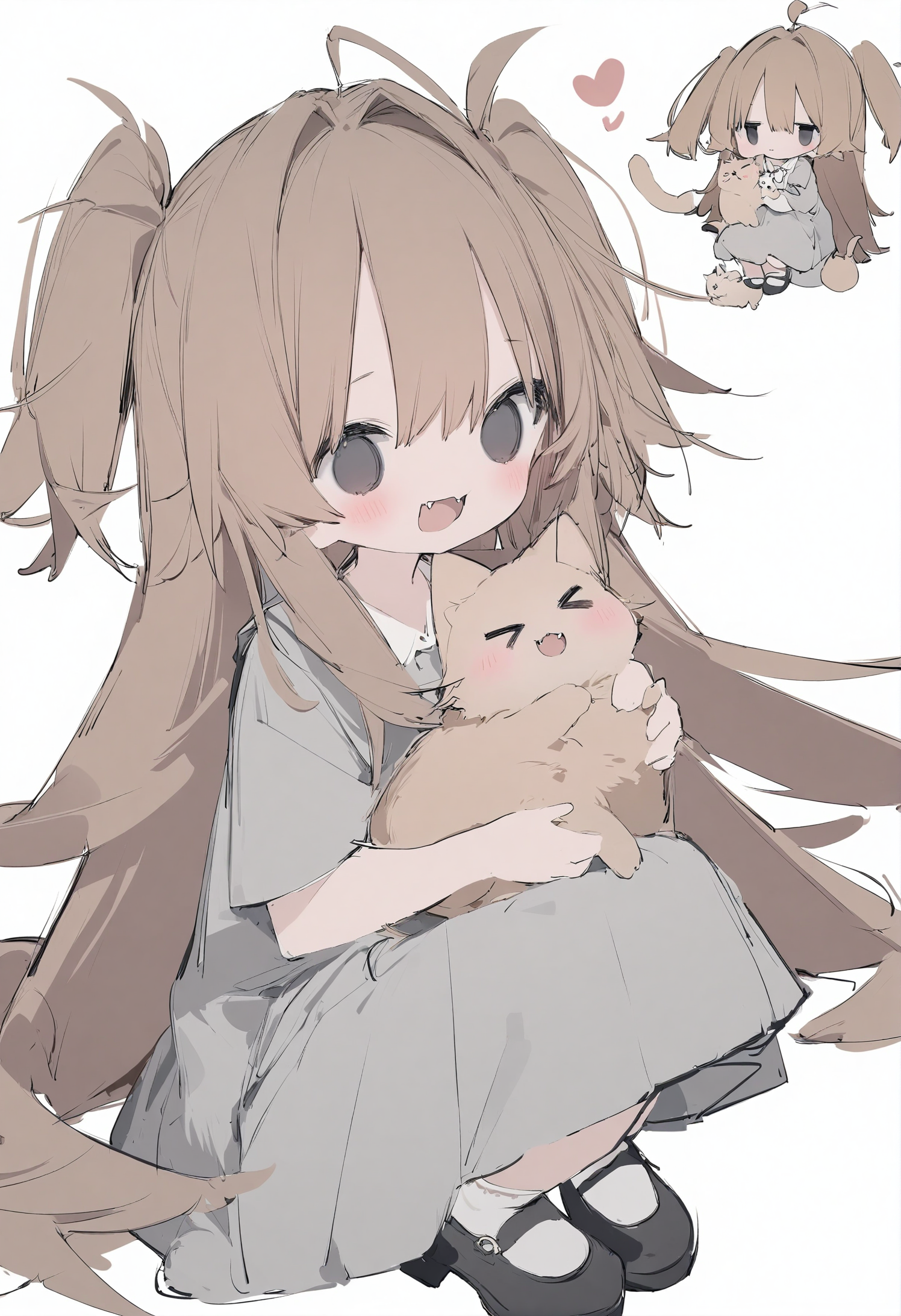 1girl, 
nanmokaken, 
two side up, heart, fangs, open mouth, white socks, virtual youtuber, holding, closed mouth, brown hair, very long hair, long hair, shoes, frown, black eyes, white background, holding animal, mary janes, blush, closed eyes, >_<, animal, socks, cat, multiple views, simple background, squatting, sketch, dress, black footwear, hair intakes, grey dress, smile, holding cat, 
masterpiece, best quality, newest,  safe
 <lora:nanmokaken_image36_2024-03-28_a31-000045:1>