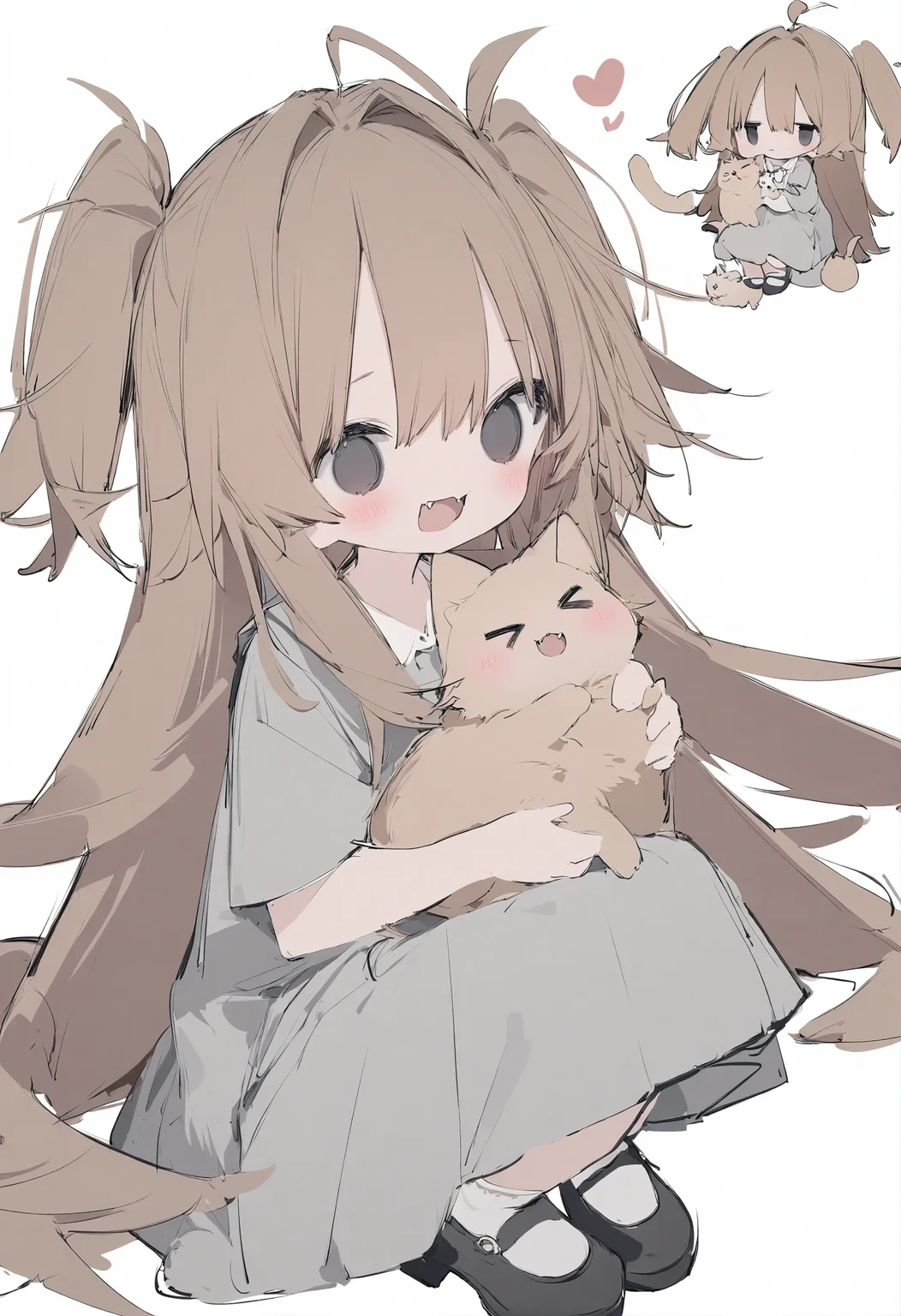 1girl,
nanmokaken,
two side up, heart, fangs, open mouth, white socks, virtual youtuber, holding, closed mouth, brown hair, very long hair, long hair, shoes, frown, black eyes, white background, holding animal, mary janes, blush, closed eyes, >_<, animal, socks, cat, multiple views, simple background, squatting, sketch, dress, black footwear, hair intakes, grey dress, smile, holding cat,
masterpiece, best quality, newest, safe
<lora:nanmokaken_image36_2024-03-28_a31-000045:1>