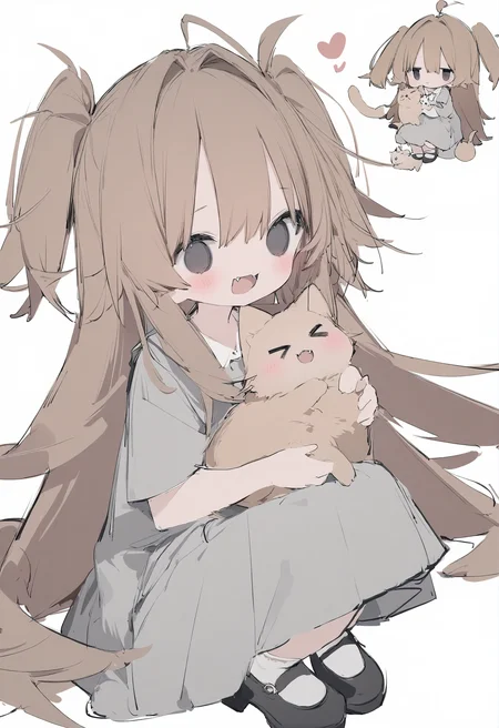 1girl,
nanmokaken,
two side up, heart, fangs, open mouth, white socks, virtual youtuber, holding, closed mouth, brown hair, very long hair, long hair, shoes, frown, black eyes, white background, holding animal, mary janes, blush, closed eyes, >_<, animal, socks, cat, multiple views, simple background, squatting, sketch, dress, black footwear, hair intakes, grey dress, smile, holding cat,
masterpiece, best quality, newest, safe
<lora:nanmokaken_image36_2024-03-28_a31-000045:1>