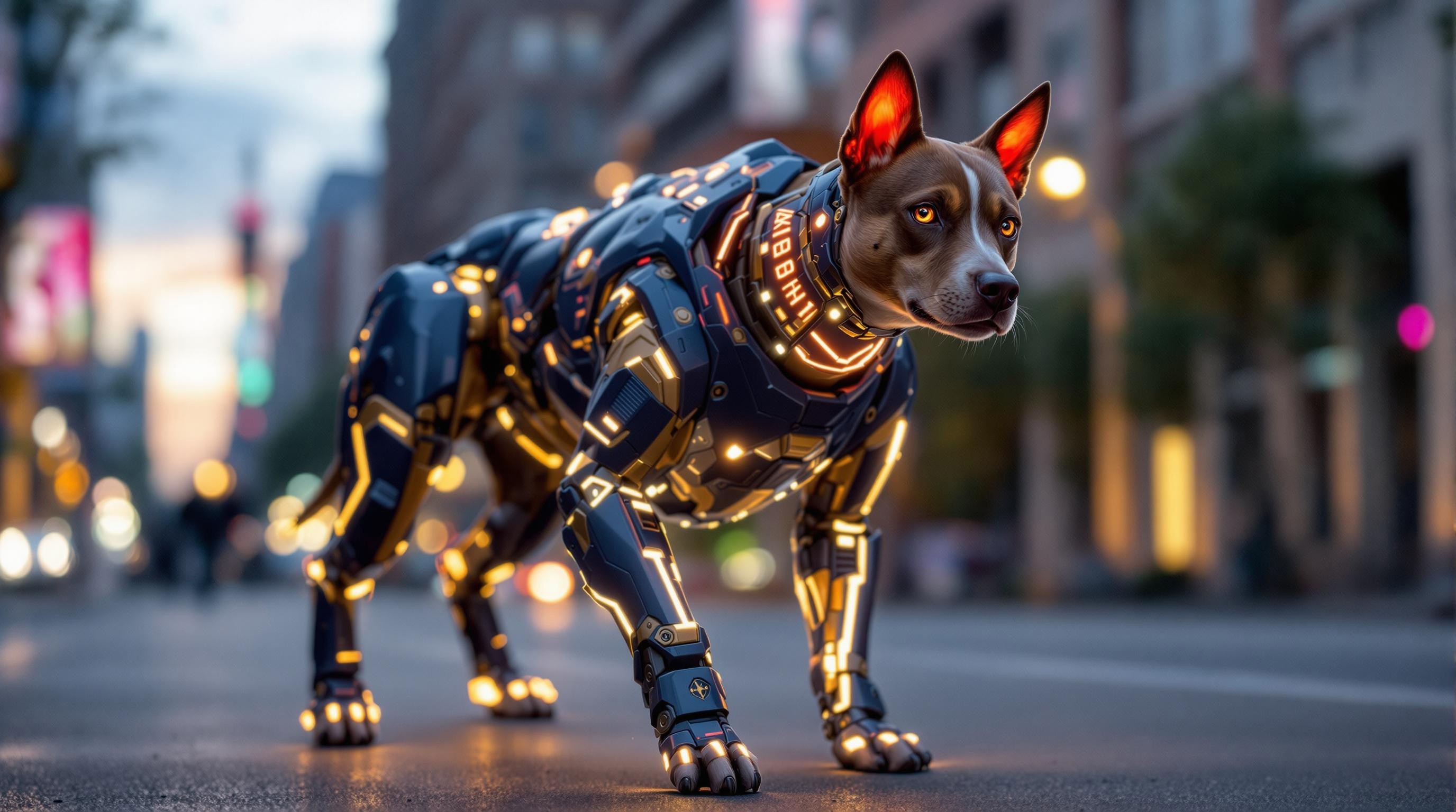 facing camera, beautiful dog's head, on a navy blue cyborg dog's body with gold trim, face and eyes and neck are normal, neon lights outline legs and body, bright studio lights are lighting face, walking down a city street on all four paws, at dusk, sun is behind but not visible