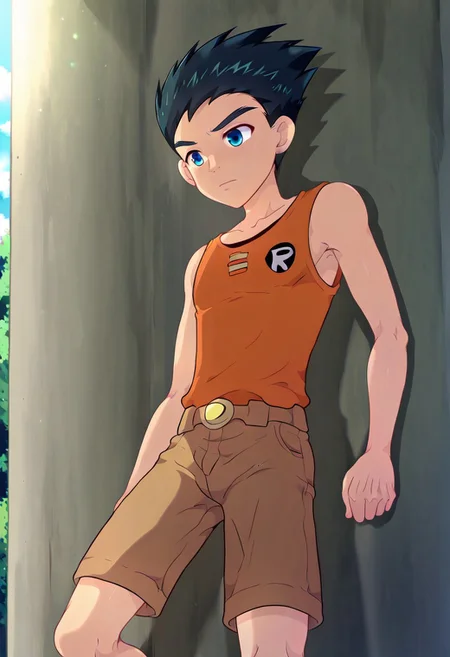 1boy, robin_titans, black hair, blue eyes, boy, solo, young man, small body, brown shorts, outdoor, sunny day, clear sky, avarage height, strong leg, medium build body, orange tank top, plain color tank top, plain tank top, lean body, mikkoukun, male focus
