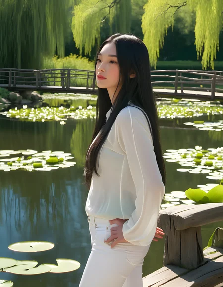 NJZH43R1N, In a vibrant mid-afternoon scene at the edge of a tranquil, sunlit lily pond, a captivating woman with long, jet-black hair cascading down her shoulders, dressed in pristine white pants and a matching long-sleeved blouse, stands solo, gazing thoughtfully into the distance. The camera is positioned at an angle slightly above and behind her, capturing her profile as she leans on a weathered wooden bridge, her lips subtly parted in contemplation. The background is a picturesque blend of lush green foliage, blooming water lilies, and the far-off silhouette of ancient willow trees against a clear blue sky, casting dappled light upon the woman's radiant figure.