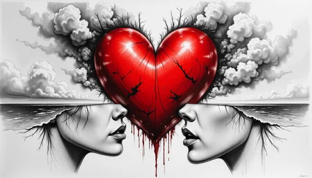 aidmaMJ6.1, (sketch, pencil drawing, black and white:1)A panoramic seaside shot focusing on a person's face, contorted into a red heart shape, against an ethereal background, creating an exaggerated, epic narrative of enduring love.