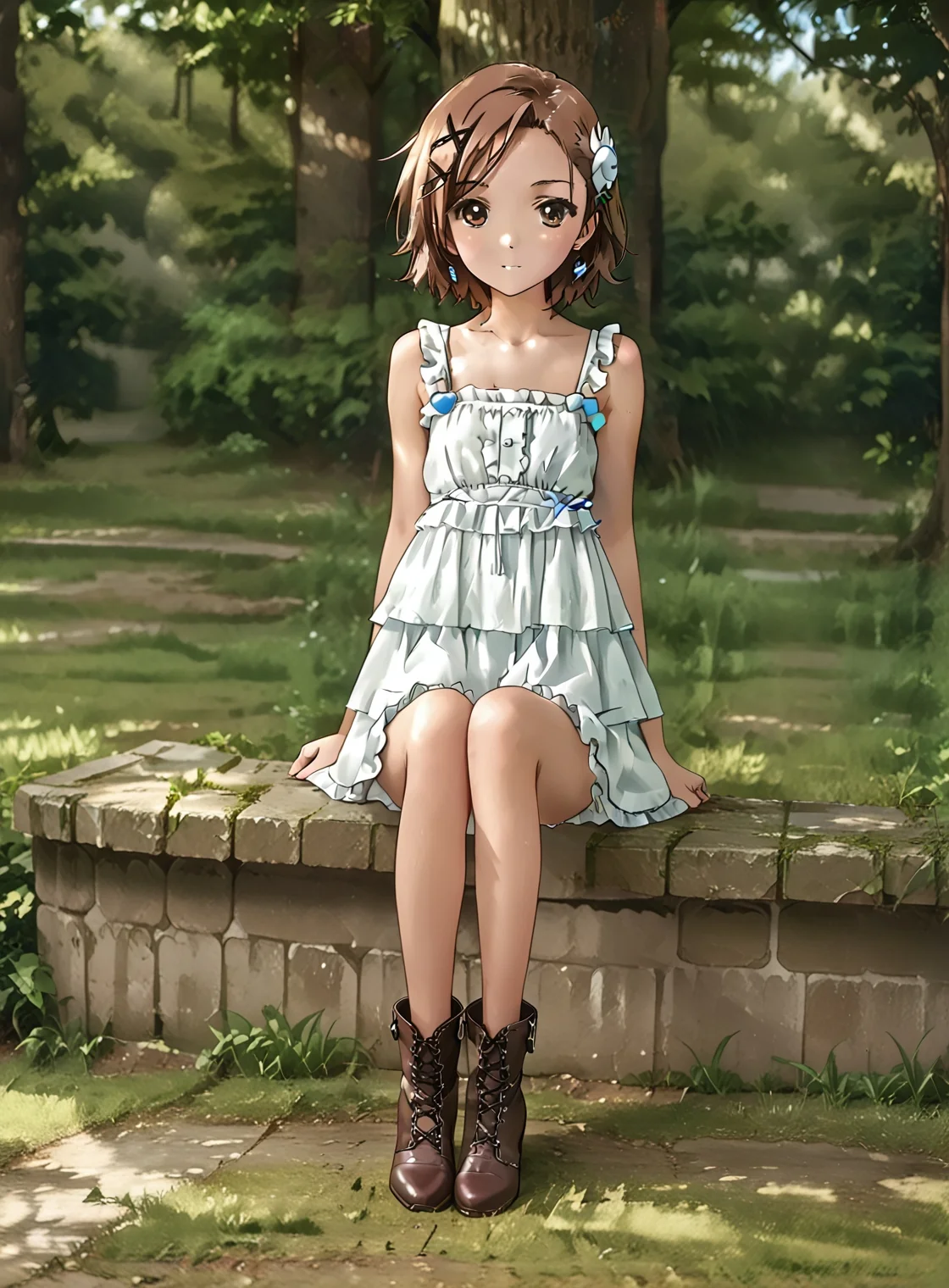 score_9, score_8_up, score_7_up, 1girl,
<lora:BT_Ruffle_Mini_Dress_Pony:0.7> btrufmidr, ruffle, mini, dress,
beautiful girl, <lora:Brutal-ish_boots:0.1> lace-up boots, shoes, shoelaces, ankle boots, boots, sitting, thighhighs,
<lora:Kurashima_Chiyuri:0.7> 1girl, brown hair, brown eyes,
Background: Outdoor Park,
soft features, best quality, masterpiece,