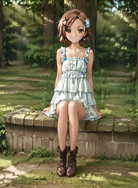 score_9, score_8_up, score_7_up, 1girl, 
<lora:BT_Ruffle_Mini_Dress_Pony:0.7> btrufmidr, ruffle, mini, dress,
beautiful girl, <lora:Brutal-ish_boots:0.1> lace-up boots, shoes, shoelaces, ankle boots, boots, sitting, thighhighs,
<lora:Kurashima_Chiyuri:0.7> 1girl, brown hair, brown eyes,  
Background: Outdoor Park,
soft features, best quality, masterpiece,