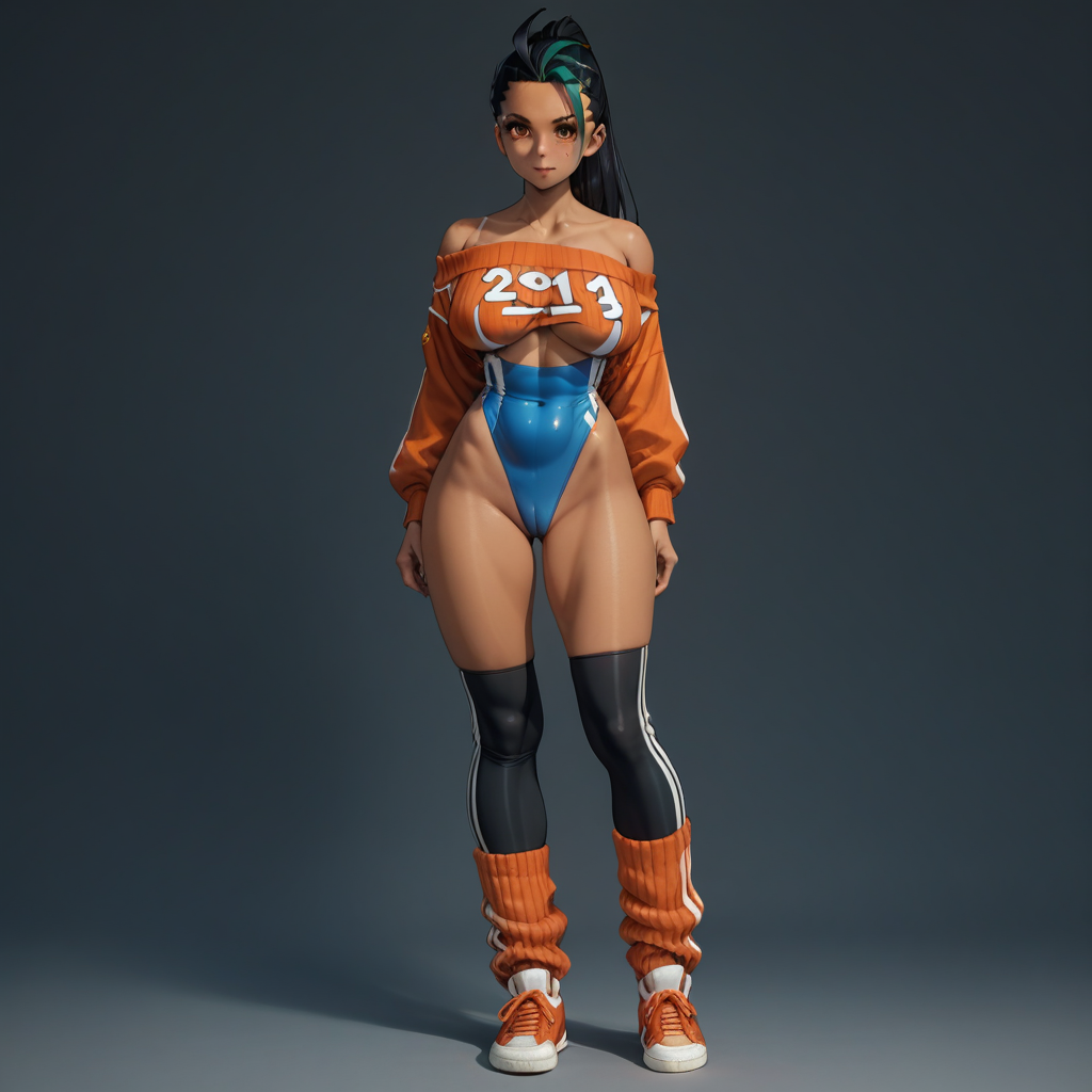 ((score_9)),score_8_up,score_7_up,score_6_up,score_5_up,score_4_up, retro_workoutwear, source_pokemon, Nemona, BREAK, aged_up, large breasts, 20 year old female, Nemona\(Pokemon\), 1woman, dark-skinned_female, streaked hair, retro_workoutwear, 1980s_(style), aerobics, headband, off_shoulder, highleg_leotard, leg_warmers, thong_leotard, cropped_sweater, leg_warmers, sneakers, studio,
