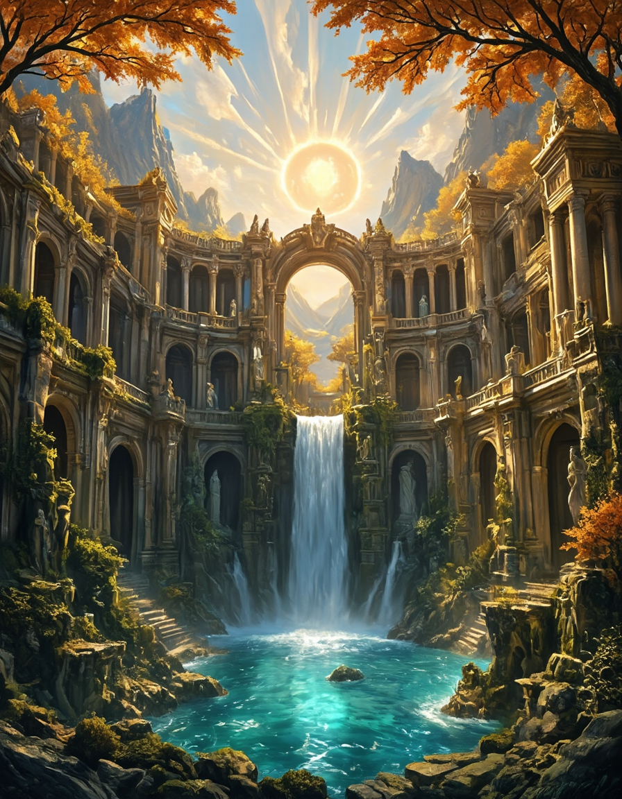 <lora:CW02_Lost_Officev2fluxc:1>  a fantastical, mythic palace courtyard set within a natural amphitheater. The architecture is grandiose and classical, resembling a fusion of Roman and Baroque design, complete with intricate colonnades, archways, and a series of statues of gods and mythological figures that line the multi-tiered structure. The stone appears aged and moss-covered, indicating that nature has slowly begun to reclaim the spaceâyet it adds to the mystique rather than diminishes it.
At the center of the scene, a majestic waterfall cascades down from the uppermost level of the palace into a vibrant turquoise basin below. The water flows through mossy rock formations and small sculpted outcrops, blending harmoniously with the architecture. The water itself is rich and luminous, its cool tones contrasting beautifully with the warm golden-orange foliage that bursts from the trees arching over the open-air atrium. These autumnal trees frame the composition like a painted canopy.
Above the central arch of the palace, the sun is rising or setting directly over the mountains, its rays fanning out across the sky in dramatic beams that pour golden light into the space. This illumination casts glowing highlights across the statues, tree leaves, and rippling water below, evoking a feeling of divine serenity and celestial wonder.
Despite its grandeur, the scene feels intimate, sacred evenâlike a hidden mythological sanctuary where gods might have once walked. There's a subtle, enchanted stillness to the place, enhanced by the symmetry of the architecture and the eternal flow of the waterfall. Nature and civilization are not in conflict here, but in perfect harmony.