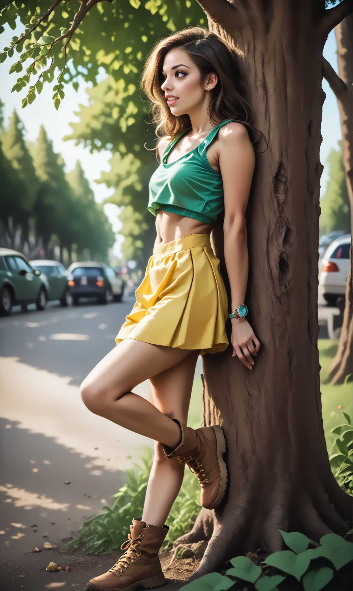 score_9, score_8_up, score_7_up, swfaw, side view, (slim 25yo girl) in  green top and short yellow skirt and boots leaning against a a tree in a park
 <lora:StandWithFootAgainstWallPony-000035:1>