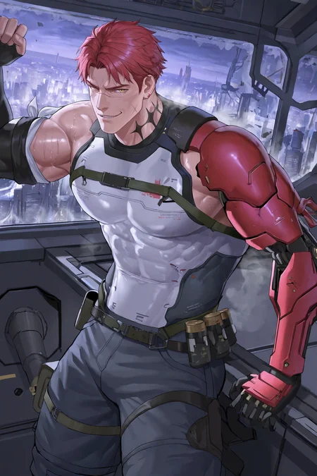 cowboy shot, bara, solo, 1boy, short hair, ntspgr, red hair, yellow eyes, scar on face, neck tattoo, looking at viewer, manly smirk,
BREAK,
indoors, windows, futuristic, science fiction, cityscape through windows, scenery,
BREAK,
muscular male, white shirt, sleeveless armor, chest belt, elbow gloves, fingerless gloves, single arm bondage, arm tattoo, arm support, leaning against windows, leaning to the side, single mechanical arm, steaming body, smell, sweat,
BREAK,
, dynamic, cinematic, very awa, masterpiece, best quality, absurdres, newest, perfect quality, detailed background, intricate details, shiny skin, (artist: arkapami: 1.2), zawar379, dainyyu \(dgls\)