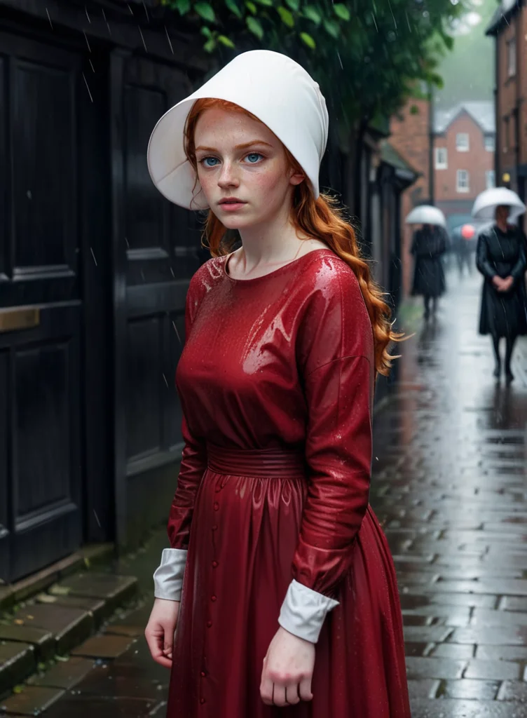 photo portrait of a beautiful young ginger girl in the rain in an old English street, focus on the face,  very wet, handmaid dressed in a red dress and white hat, handmaid style, <lora:handmaidtale-000008:1>  <lora:add-detail-xl:0.8>