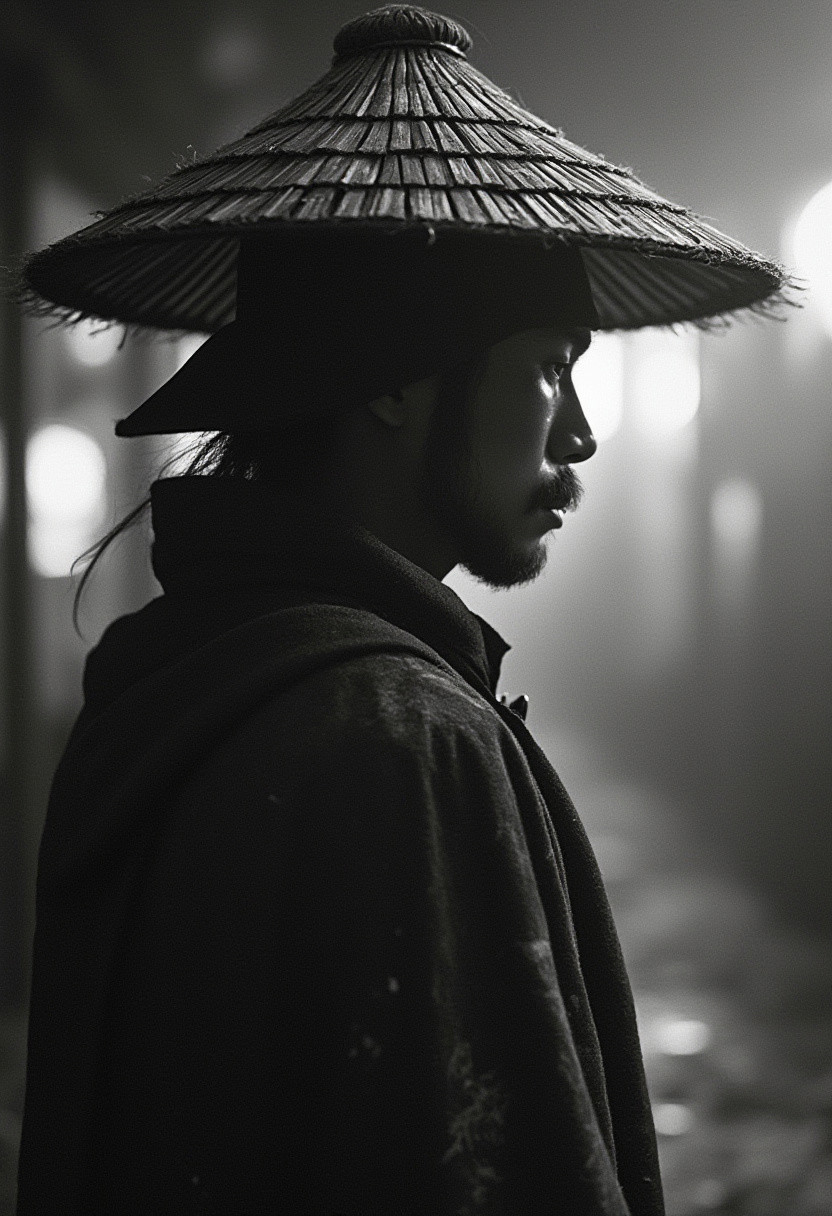 gritty black and white snapshot of samurai wearing a round Japanese straw hat, profile shot