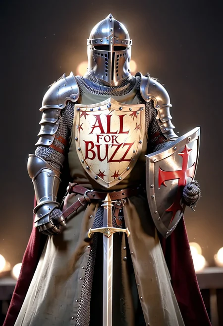 A knight holding a banner sign that says ("All for Buzz"), text logo, sinfully stylish, shadows, soft light,1boy, solo, knight, crusader helmet, great helm, chainmail, t3mpl4rcloak, t3mpl4rtunic, dramatic lighting, medieval armour, Templar Shield facing front, Shield Blocking arrows flying, perfect hands, gauntlets, chain mail, boots, knight facing front, battlefield background. (best quality, hires textures, high detail:1), (4k),(incredibly detailed:1),UHD, 8K, ultra