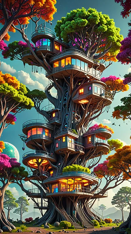 futuristic tree house, alien trees, high quality,8 k, masterpiece, vivid colors, dramatic lighting <lora:addMoreDetails:1> Ultra details++,add more details