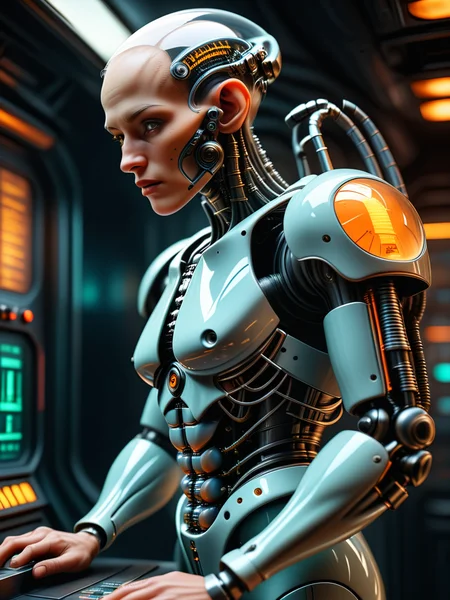 close-up, editorial photograph of a from side, standing(1 man cyborg:1.1), charging station technoir style screens, glowing, mechanical parts, screen, black theme, darksilver brown bronze translucent smoky acrylic theme <lora:Tech_Noir:1>, dieselpunk, background busy spaceship controlroom highly detailed face, background inside dark, moody, POV, by