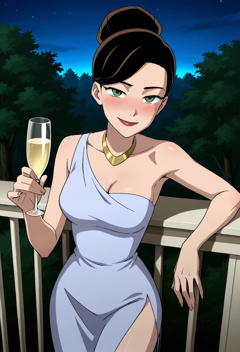 score_9,score_8_up,score_7_up,score_6_up,best quality,masterpiece, 1girl, solo, background is balcony, night, dynamic pose, trees
BREAK
rebholid, dark brown hair, green eyes, half-closed eyes, single hair bun, looking at viewer, blush, smile, closed mouth, red lips, light blue dress, cleavage, medium breasts, necklace, side slit, holding glass of champagne, one bare shoulder, sleeveless,