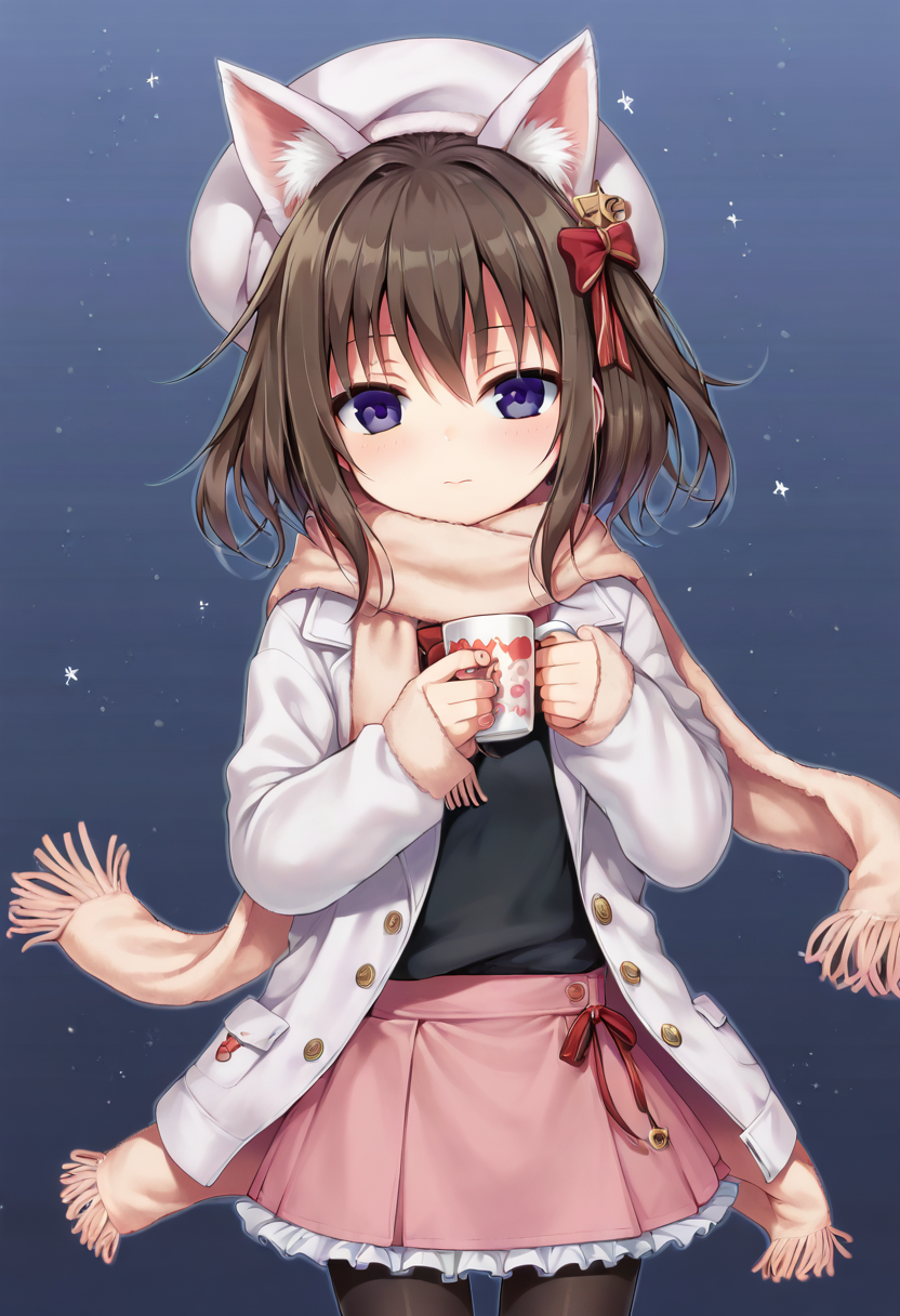 score_9, score_7_up,  1girl, 
mug, animal hat, solo, hat ornament, ribbon, white jacket, cup, frilled sleeves, brown hair, fur-trimmed sleeves, open clothes, pantyhose, pink scarf, animal ears, scarf, white hat, long sleeves, chibi, skirt, red ribbon, beret, jacket, fake animal ears, fur-trimmed jacket, ribbon trim, purple eyes, blush, holding, fur trim, hair between eyes, pink skirt, black shirt, holding cup, shirt, star \(symbol\), frills, open jacket, closed mouth
 <lora:40010prototype-Style-PonyXL-DoRA-000041:1>