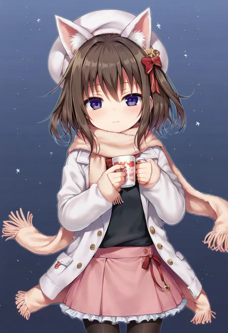 score_9, score_7_up, 1girl,
mug, animal hat, solo, hat ornament, ribbon, white jacket, cup, frilled sleeves, brown hair, fur-trimmed sleeves, open clothes, pantyhose, pink scarf, animal ears, scarf, white hat, long sleeves, chibi, skirt, red ribbon, beret, jacket, fake animal ears, fur-trimmed jacket, ribbon trim, purple eyes, blush, holding, fur trim, hair between eyes, pink skirt, black shirt, holding cup, shirt, star \(symbol\), frills, open jacket, closed mouth
<lora:40010prototype-Style-PonyXL-DoRA-000041:1>