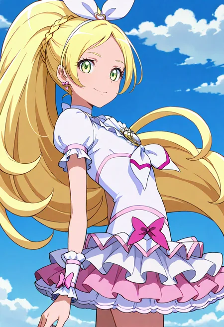 masterpiece, best quality, absurdres, very aesthetic, general,
cure rhythm, 1girl, blonde hair, solo, green eyes, white choker, earrings, brooch, ponytail, hair ribbon, wrist cuffs, cloud, day, white dress, eyelashes, blue sky, looking at viewer, cowboy shot, hair bow, earrings, smile, hairband, white bow, white skirt, closed mouth, blue background, standing, hair ornament, white ribbon, white neckwear, very long hair, frilled skirt, pink bow, layered skirt, puffy short sleeves, frilled dress, layered dress, outdoors, smile, from side, french braid, anime coloring,
<lora:cure_rhythm_minamino_kanade_illustXL_locon_v1:0.7>