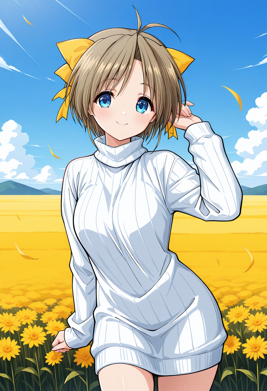 katase_yuki, blue eyes, brown hair, short hair, antenna hair, hair bow, yellow bow, white sweater, sweater dress, ribbed sweater, turtleneck, long sleeves, <lora:katase_yuki_illustrious_ver1:0.8> 
smile, 1girl, solo, (field:1.2), (blue sky:1.2), looking at viewer,, masterpiece, best quality, general,, (cowboy shot, dynamic pose:1.4),