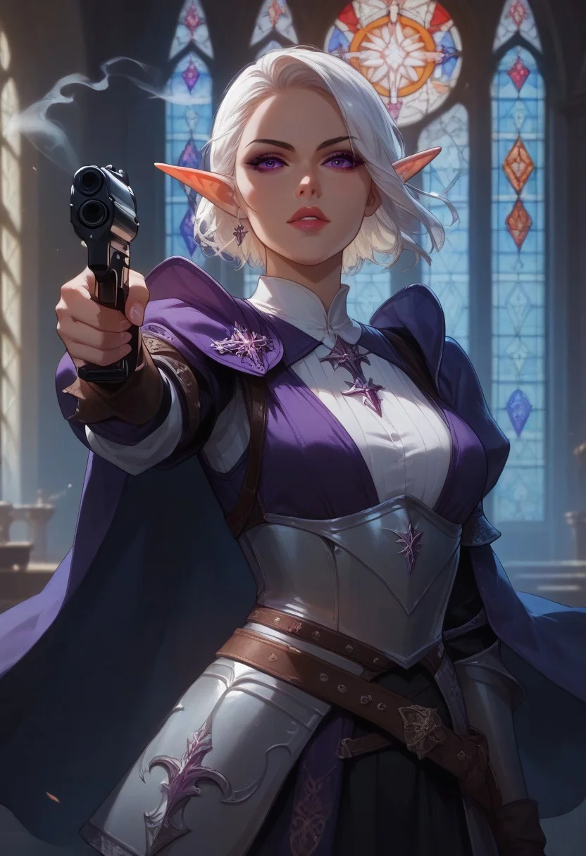 score_9, score_8_up, score_7_up, 8k, portrait, upper body, concept art twilight, vintage illustration,
1girl, solo, (elf:1.4), white hair, purple eyes,
dynamic pose, medieval, heavy armor, plate armor, purple cape, in a cathedral, gothic stained glass windows, beautifully backlit, depth of field:1.5, indirect lighting:1.3, high contrast shadows, dramatic shadows across face:1.2, cinematic lighting on face, cowboy hat, (pointing shotgun at viewer:1.6), cigarette, smoke