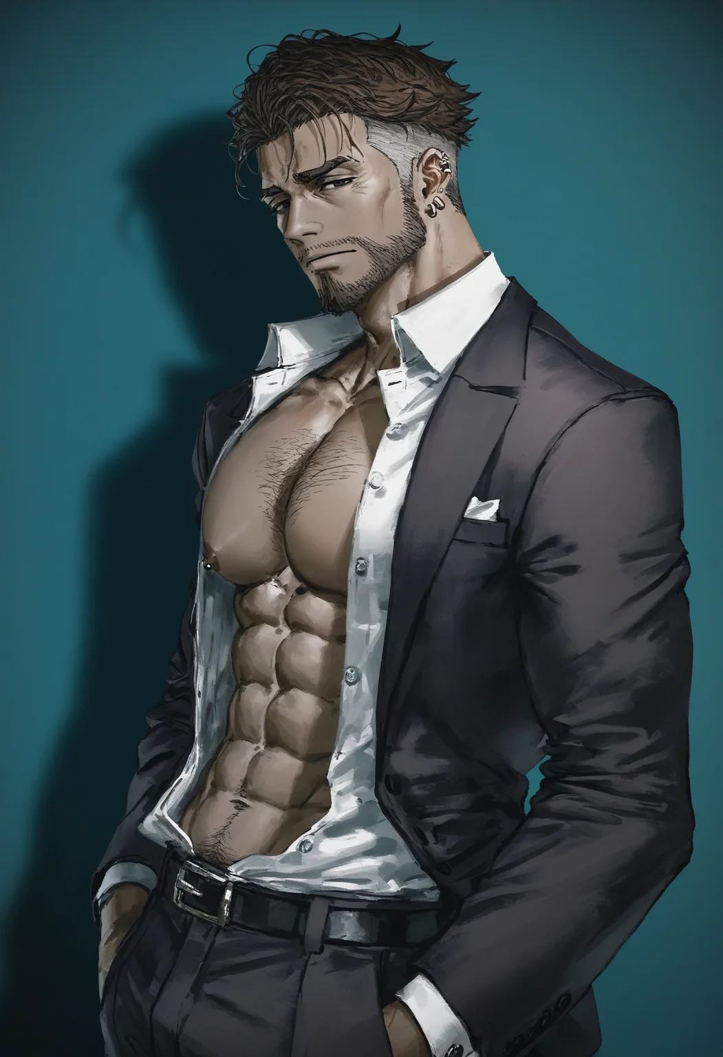 masterpiece,best quality, nnk, <lora:nnk_IllustriousXL_v1.0:0.7>, (artist:k-suwabe:0.8), (artist:dino_(dinoartforame):0.6), (artist:starshadowmagic:0.6),((artist:betabeet)),artist:john_kafka,artist:nixeu,artist:quasarcake,abstract,vibrant color,
1boy, male focus, solo, facial hair, beard, mature male, short hair, abs, bara, bare pectorals, black eyes, brown hair, chest hair, collared shirt, dark skin, dark-skinned male, ear piercing, earrings, feet out of frame, formal, from side, jewelry, large pectorals, looking at viewer, muscular, muscular male, necktie, nipples, piercing, shirt, standing, thick eyebrows, white shirt