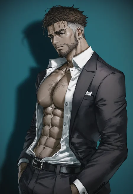 masterpiece,best quality, nnk, <lora:nnk_IllustriousXL_v1.0:0.7>, (artist:k-suwabe:0.8), (artist:dino_(dinoartforame):0.6), (artist:starshadowmagic:0.6),((artist:betabeet)),artist:john_kafka,artist:nixeu,artist:quasarcake,abstract,vibrant color,
1boy, male focus, solo, facial hair, beard, mature male, short hair, abs, bara, bare pectorals, black eyes, brown hair, chest hair, collared shirt, dark skin, dark-skinned male, ear piercing, earrings, feet out of frame, formal, from side, jewelry, large pectorals, looking at viewer, muscular, muscular male, necktie, nipples, piercing, shirt, standing, thick eyebrows, white shirt