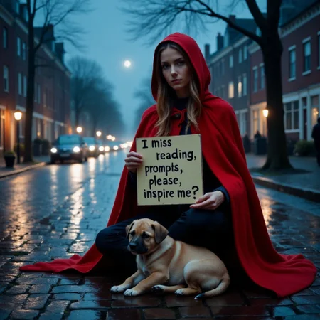 A lady wearing a bright red cape with hood covering her head casting a shadow on her face, long smooth hair, sitting on the street in the rain, she holds a hand written sign with the text "I miss reading prompts, please, inspire me?", her body is reflected on the wet shiny dutch bricks of the street, it is late at night, the moon illuminates the street softly, blue hues only. A puppy sleeps by her side