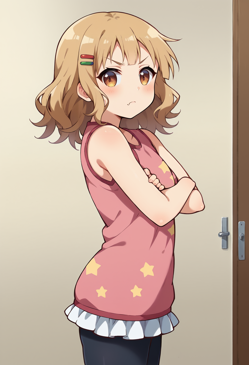 score_9, score_7_up, hd, (ultra hd quality details), source_anime, indoors,
solo, 1girl, oosaku, hairclip, fang,
pink tank top, star print, sleeveless, white skirt, frills, leggings,
looking at viewer, blush, serious, head tilt,
standing, crossed arms, from side,
 <lora:_sakurako_oomuro-elesico-pony-e07:0.8>