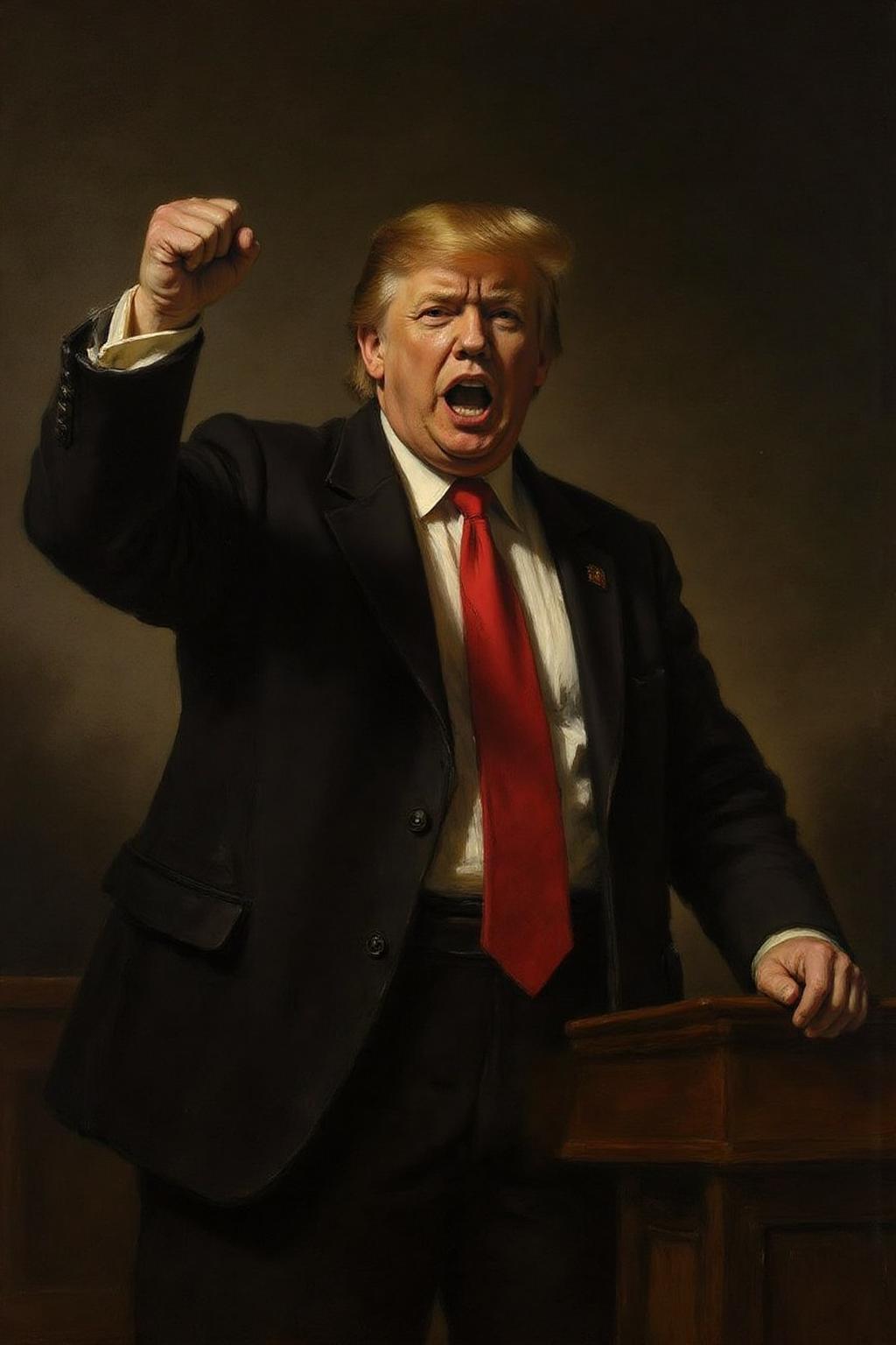 rembr2 painting of Donald Trumpt shouting angrily, with his fist in the air <lora:rembr_paint1_semicap_d6a3:1.0><lora:812150454504039316:0>