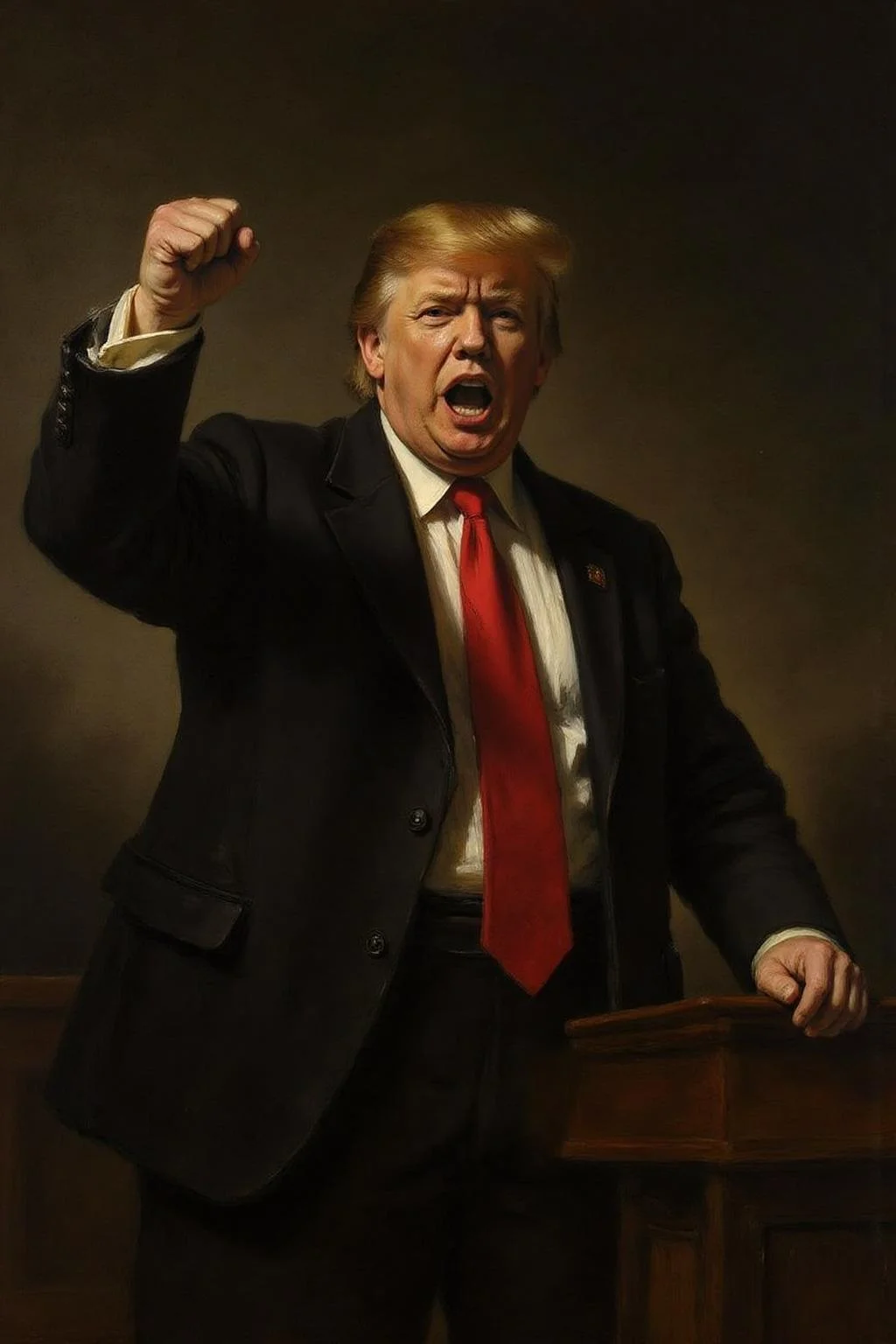 rembr2 painting of Donald Trumpt shouting angrily, with his fist in the air <lora:rembr_paint1_semicap_d6a3:1.0><lora:812150454504039316:0>