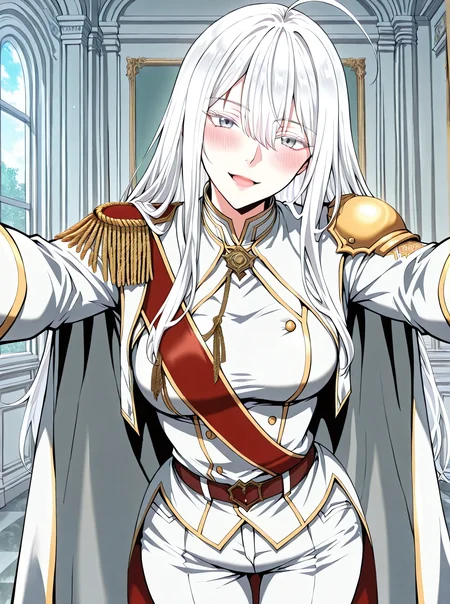 <lora:Varay_Aurae__The_Beginning_After_The_End__Illustrious:1>
1 girl, solo, grey eyes, white hair, long hair, bangs, hair between eyes, ahoge, scar above right eye, medium breasts
military uniform, white cape, epaulettes, ring, jewelry, white pants, long sleeves, thighhighs, belt, white jacket, red sash
score_9, score_8_up, score_7_up, score_6_up, source_anime, rating_explicit, 1girl, solo, smile, embarrassed, alcalose eyes, open mouth, mansion, indoors, looking at viewer, outstretched arms, pov, close-up, (head tilt:1.2), <lora:iLLMythG0thicL1nes:1>