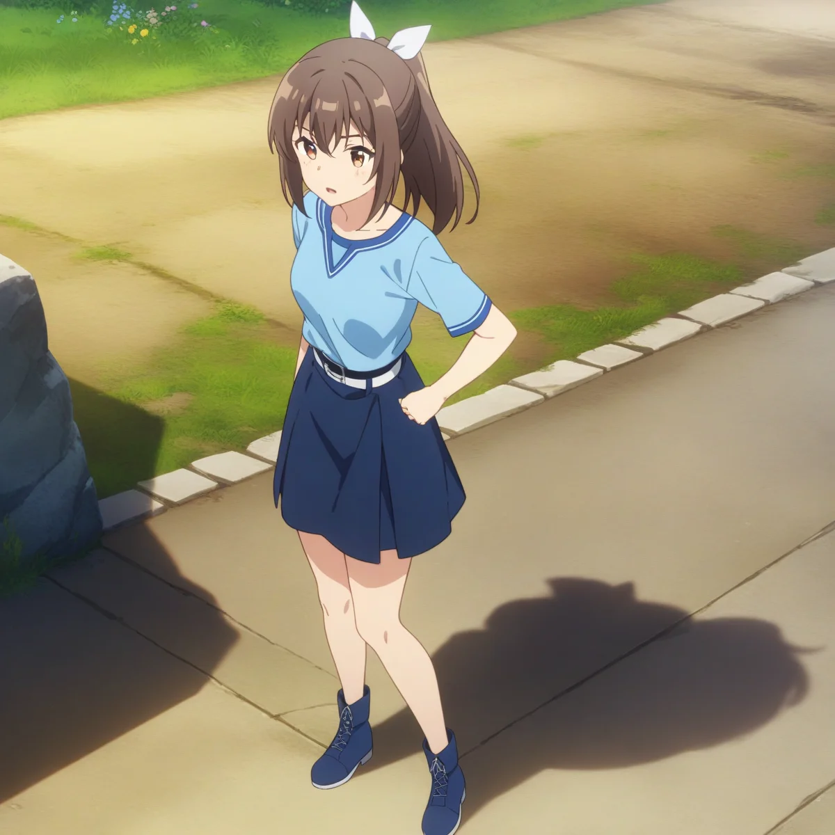 bof-beginner-outfit blue shirt blue skirt belt blue boots, bof-sally, hair ribbon, (full body), solo, 1girl, outdoors, masterpiece, best quality, very aesthetic, absurdres <lora:bof-sally-V03-000003:0.5>
