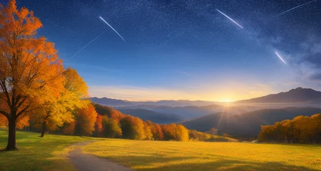 Scenery, mountain vistas, floating leaves, autumn, light and shadow, dream, shooting stars in the sky,evening