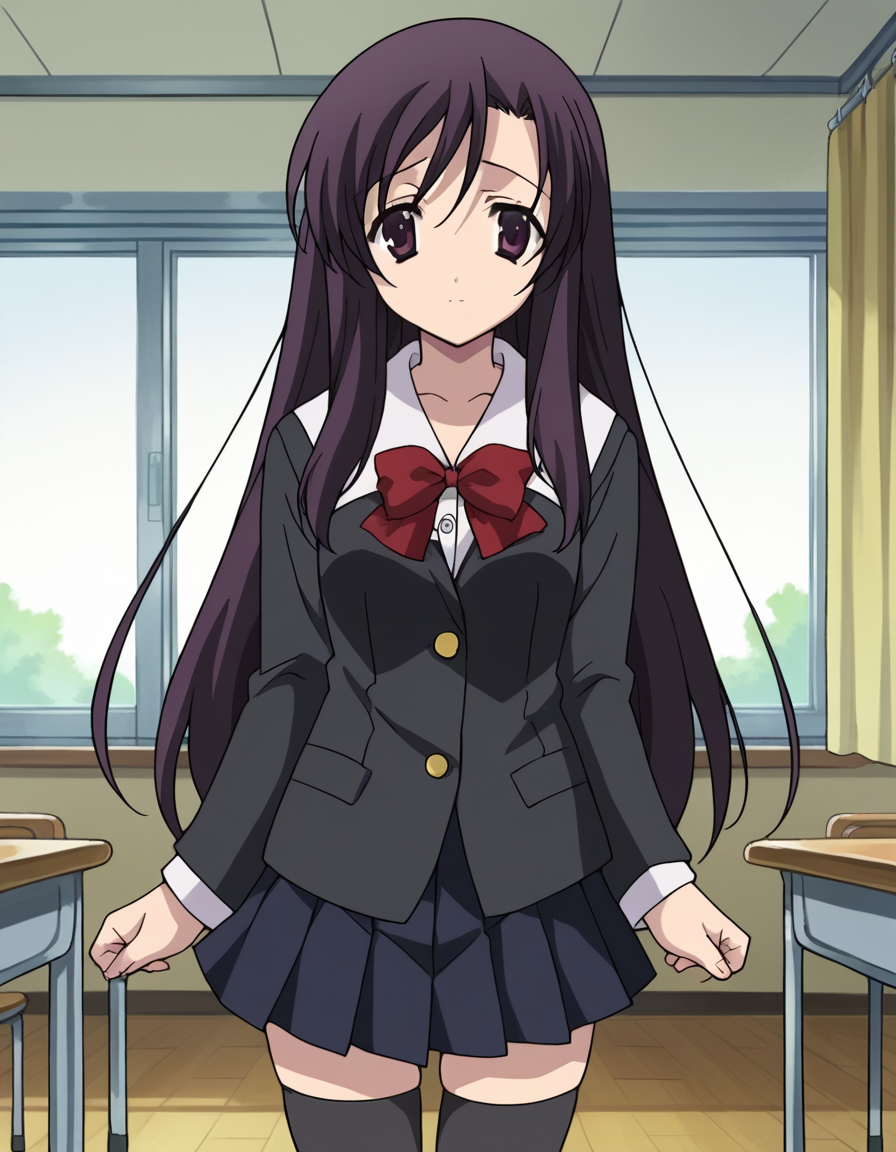 score_9, score_8_up, score_7_up, source_anime,
kotonohakatsura, <lora:kotonoha-katsura-ponyxl-lora-nochekaiser:1>,
kotonoha katsura, purple eyes, black hair, long hair,
black thighhighs, bow, red bow, school uniform, skirt, thighhighs, zettai ryouiki,
indoors, classroom,
looking at viewer, cowboy shot,