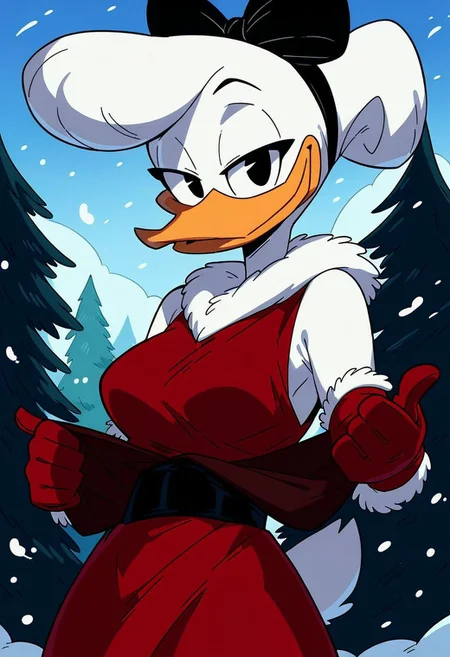 score_9, score_8_up, score_7_up, score_6_up, best quality, highres, source_furry, masterpiece, BREAK ppp BREAK
female, daisy, duck, beak, white skin, white body, white hair, black eyes, breasts, hair bun, centered hair bow,1girl, gloves, furry female, furry, dress, solo, smile, red dress, snow, outdoors,black eyes, fur-trimmed dress, fur-trimmed gloves, snowing, fur trim, breasts, christmas, standing, medium breasts, sleeveless, looking at viewer, tree, sleeveless dress, red gloves, half-closed eyes, happy, closed mouth, pine tree, orange dress
<lora:Drockdraw_Style:0.7> <lora:Daisy_Duck3:0.9>