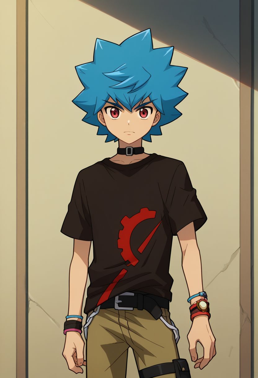 score_9, score_8_up, score_7_up, source_anime, highly detailed, 
luke, 1boy, male focus, solo, blue hair, spiked hair, belt, t-shirt, jewelry, shirt, printed t-shirt, black t-shirt, bracelet, pants, red eyes, 
outdoor,