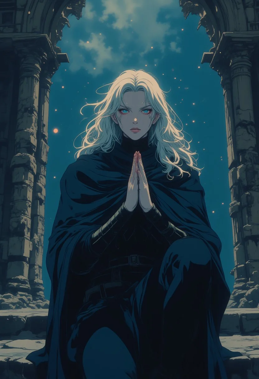 full body shot, masterpiece, best quality, elf, vampire hunter, dark blue layered clothing, dark blue cloak, 1man, extremely beautiful, handsome, Long white wavy hair, white eyelashes, blue eyes, red pupils, slender body, model pose, tall, perfect composition, kneeling, praying, confused, closed eyes, confused, man, albino, closed his eyes, hair between eyes, ruins of the old temple, white skin, Light from above, fireflies