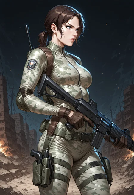 masterpiece, best quality, detailed, realistic, 1girl, solo, rewillow, brown hair, ponytail, camouflage bodysuit, belt, thigh holsters, gloves, elbow pads, holding weapon, rifle, assault rifle,