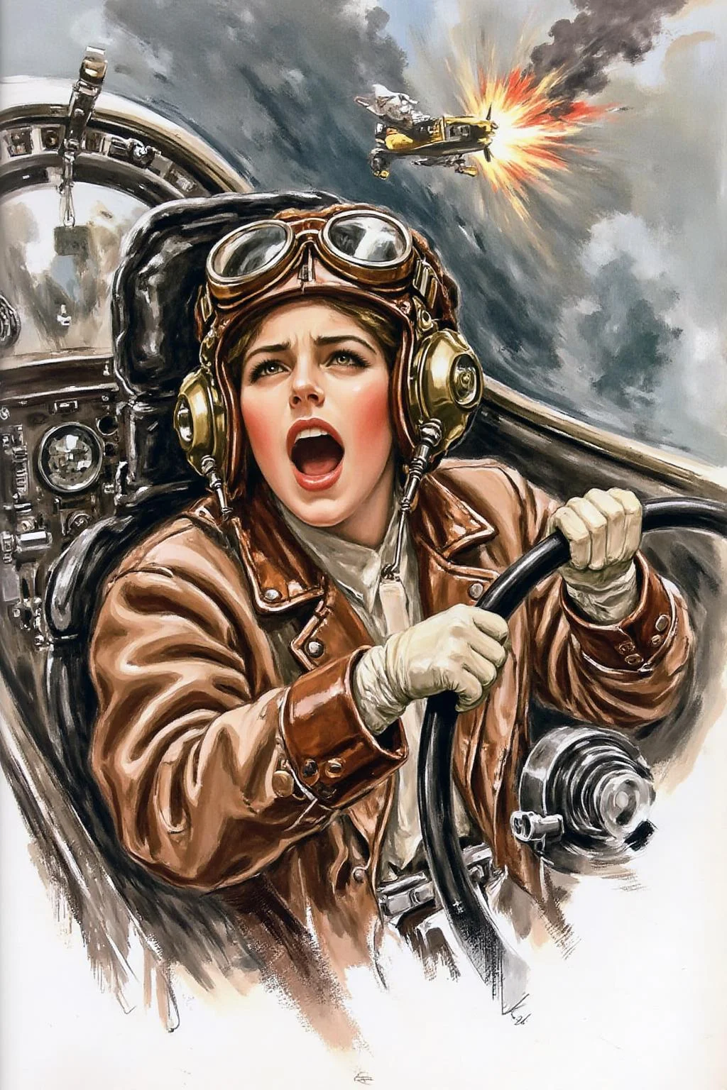 hafisher1 illustration.
A female pilot screaming inside the cockpit of a World War II bomber. The pilot, wearing a vintage leather flight helmet with goggles and a bomber jacket, grips the controls with white-knuckled hands. Her face is contorted in a mix of fear and determination as she yells, her eyes wide with adrenaline. The cockpit is cramped and filled with old-fashioned dials and gauges, with the outside view showing dark stormy clouds and distant anti-aircraft fire
<lora:hafisher1_cap_d6a3e12:1.0><lora:829872138107283889:0>