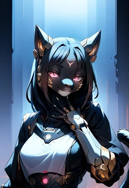 masterpiece, score_9, score_8_up, score_7_up, score_6_up, (by zinfyu), dark atmosphere, emotional depth, cinematic lighting, hyper-detailed, mcnm, source_furry, anthro, furry, 1girl, mechanical Khamira, mech black hair, feline, detailed face, detailed eyes, black fur, cyborg pink eyes, cyber cat tail, glowing animal ears, seductive smirk, hand on chin, dim dramatic lighting, dark and moody background, emotional and detailed composition, subtle glow in the eyes, hair slightly disheveled, detailed textures and fur