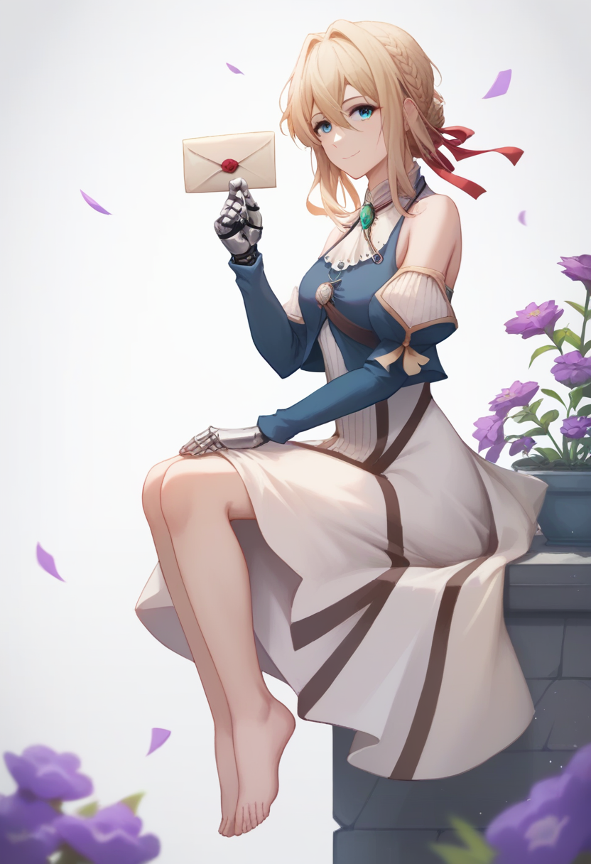 score_9,score_8_up,score_7_up,<lora:violet_evergardenpony:1>,bolo_tie, white_dress, holding_envelope, barefoot, prosthetic_hand, simple_background, ladder, solo, collar, hair_intakes, commentary_request, absurdres, chinese_commentary, violet_\(flower\), bare_legs, mechanical_hands, from_side, red_ribbon, purple_flower, hand_between_legs, unworn_necklace, 1girl, holding_jewelry, highres, single_mechanical_hand, sitting, long_dress, object_namesake, falling_petals, holding_necklace, closed_mouth, aqua_gemstone, hair_ribbon, smile, full_body, long_sleeves, unworn_jewelry, bare_shoulders, blue_gemstone, holding_letter, looking_to_the_side, sidelocks, white_background, prosthesis, looking_at_viewer, violet_evergarden