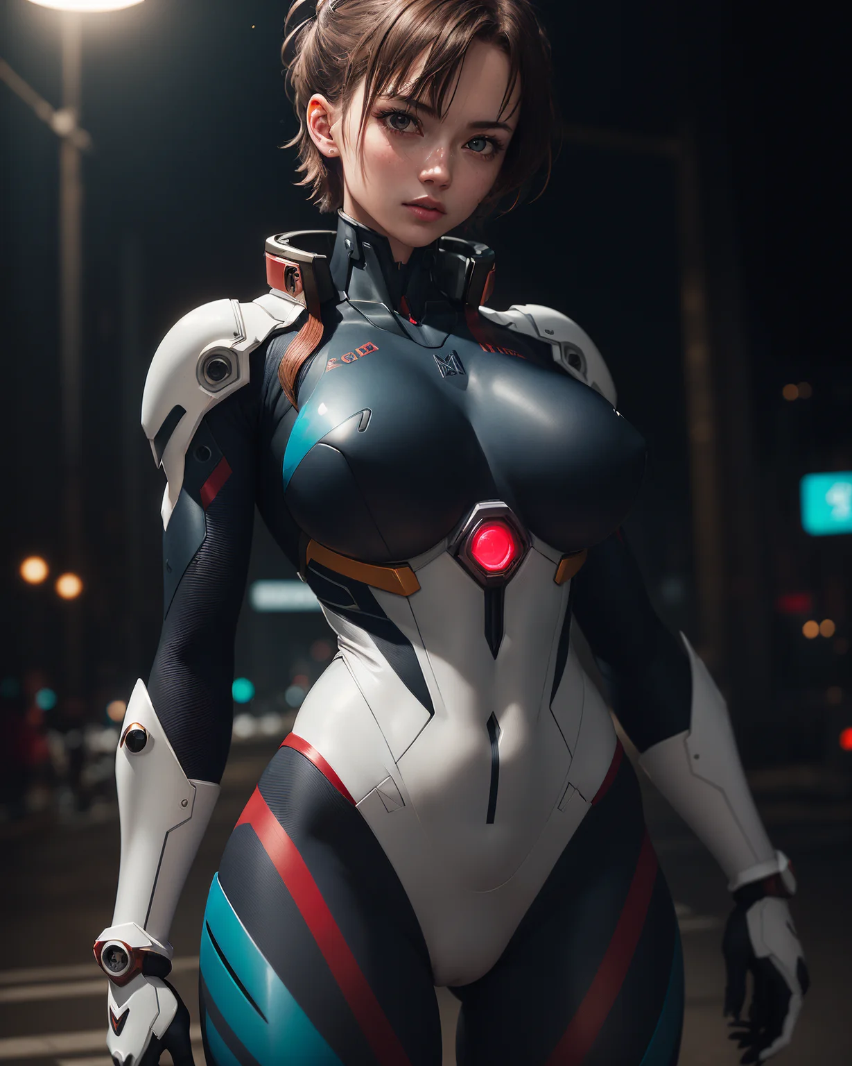 (masterpiece), ultra-realistic, intricate background, (1girl), (victoria secret model), ((muscular body, perfect body shape, big breasts), (black and white evangelion armor (suit))), short messy hair style, chromatic aberration, cinematic lighting, cyberpunk, film still, ((sharp))