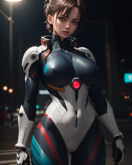 (masterpiece), ultra-realistic, intricate background, (1girl), (victoria secret model), ((muscular body, perfect body shape, big breasts), (black and white evangelion armor (suit))), short messy hair style, chromatic aberration, cinematic lighting, cyberpunk, film still, ((sharp))