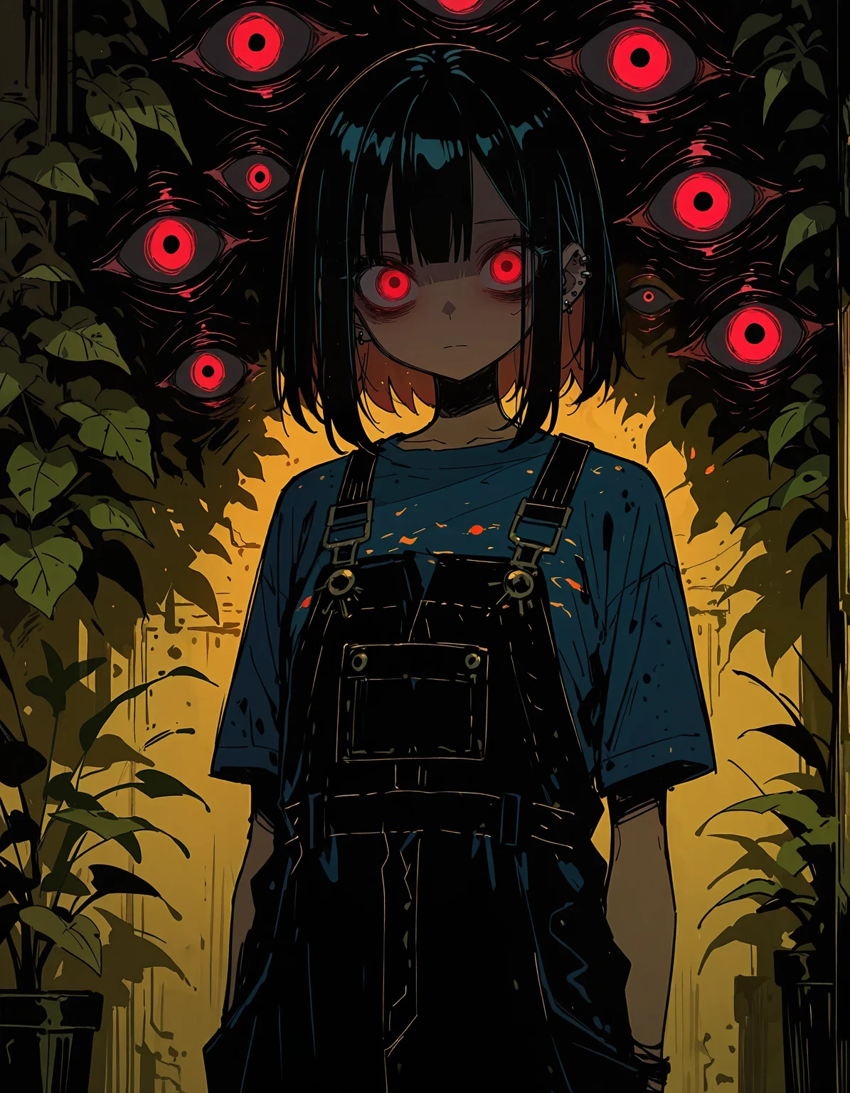 masterpiece, newest, incredibly absurdres, highres,  <lora:3Y3S_style:1>,3Y3S_illu,toon \(style\),traditional media, 1girl, red eyes, solo, black hair, shirt, overalls, looking at viewer, jewelry, short sleeves, earrings, glowing eyes, bangs, glowing, medium hair, plant, closed mouth, short hair, ear piercing, piercing, t-shirt,dark_theme,sketch, extra eyes,shadow,