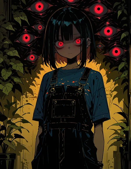 masterpiece, newest, incredibly absurdres, highres, <lora:3Y3S_style:1>,3Y3S_illu,toon \(style\),traditional media, 1girl, red eyes, solo, black hair, shirt, overalls, looking at viewer, jewelry, short sleeves, earrings, glowing eyes, bangs, glowing, medium hair, plant, closed mouth, short hair, ear piercing, piercing, t-shirt,dark_theme,sketch, extra eyes,shadow,